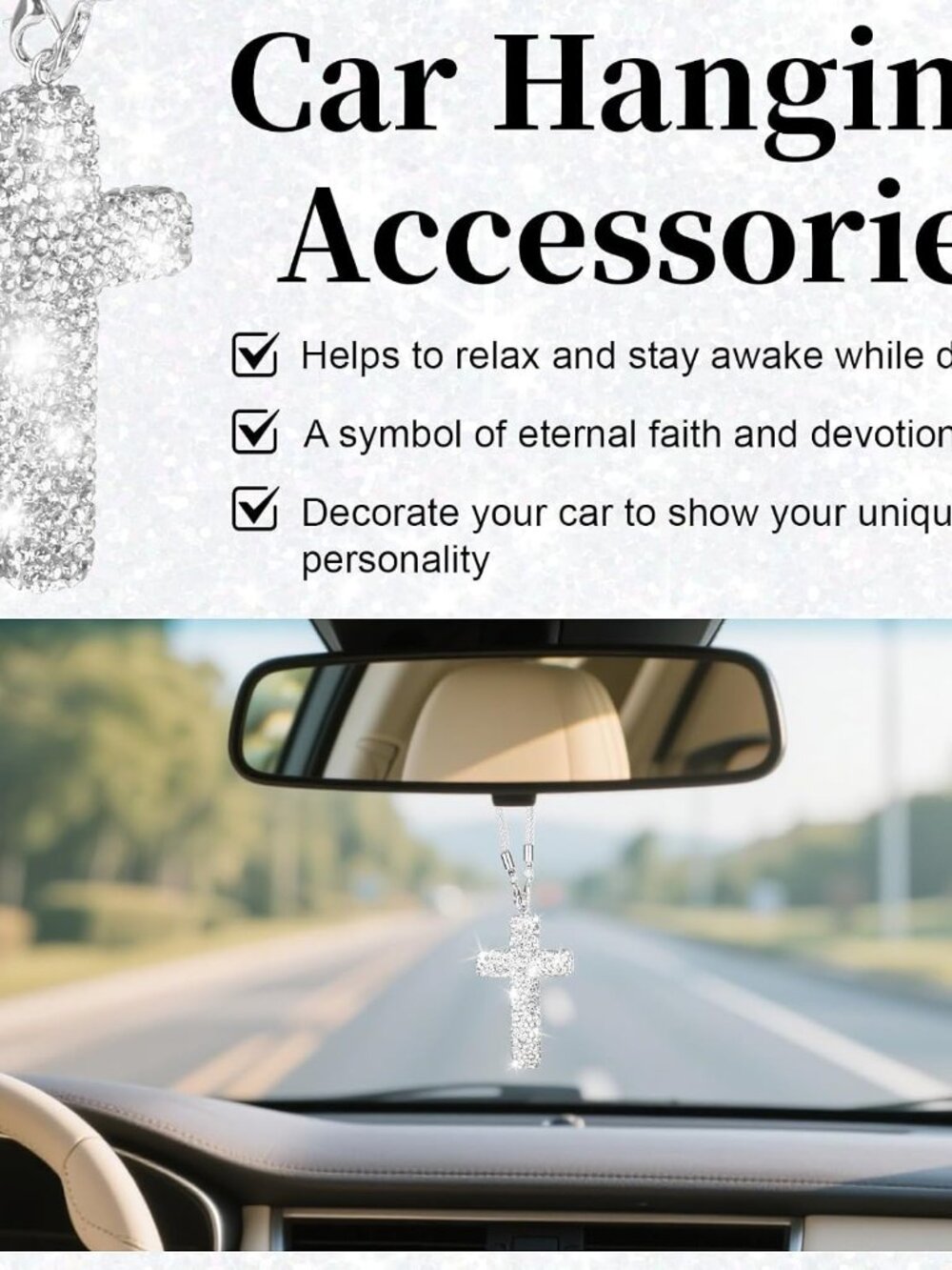Cross for Car Mirror Hanging, Silver Bling Cars Pendant Charm - Picture 6 of 7